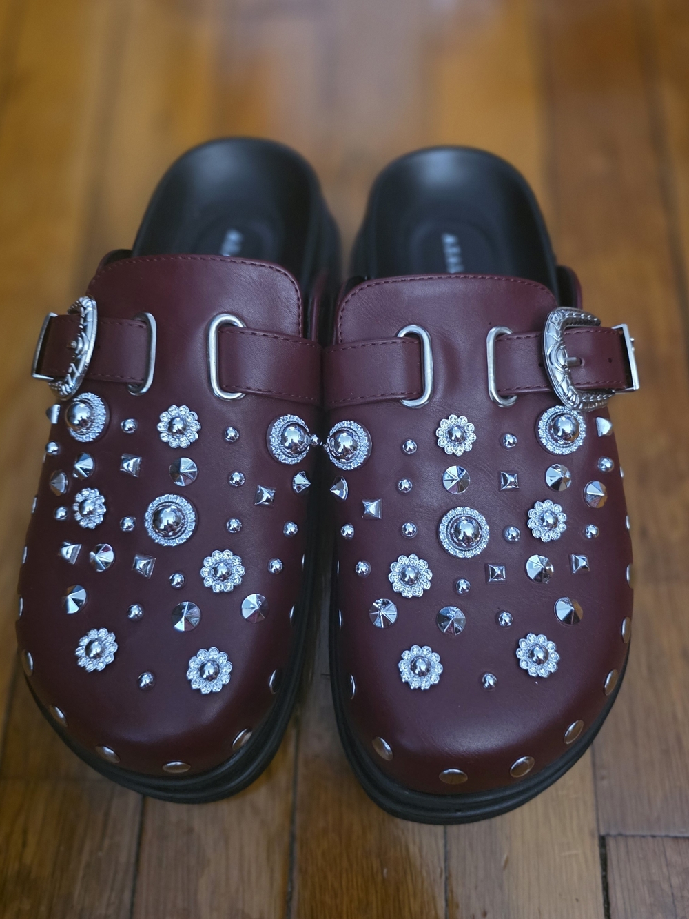 Embellished Burgundy Leather Clogs with Buckle Detail New Without Box